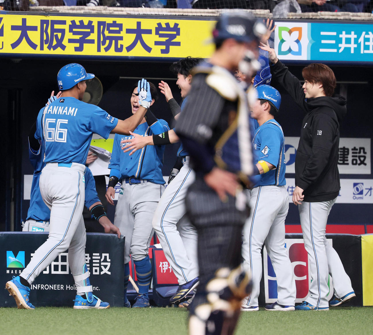 オリックス対日本ハム　8回表日本ハム2死一、二塁、代打万波は左越え3点本塁打を放ちベンチのナインとタッチする（撮影・加藤哉）
