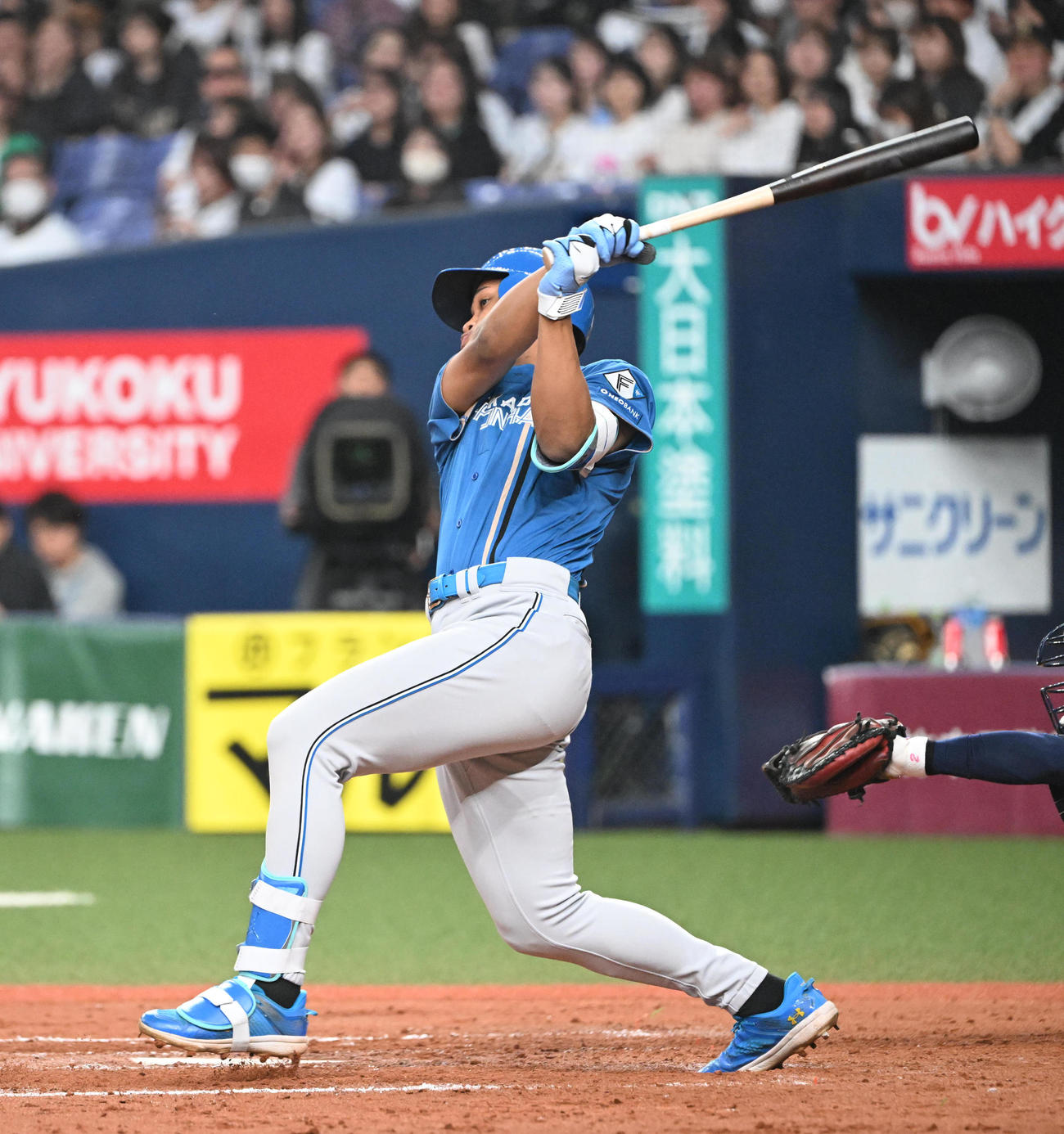 オリックス対日本ハム　8回表日本ハム2死一、二塁、左越えに勝ち越し3点本塁打を放つ万波（撮影・和賀正仁）