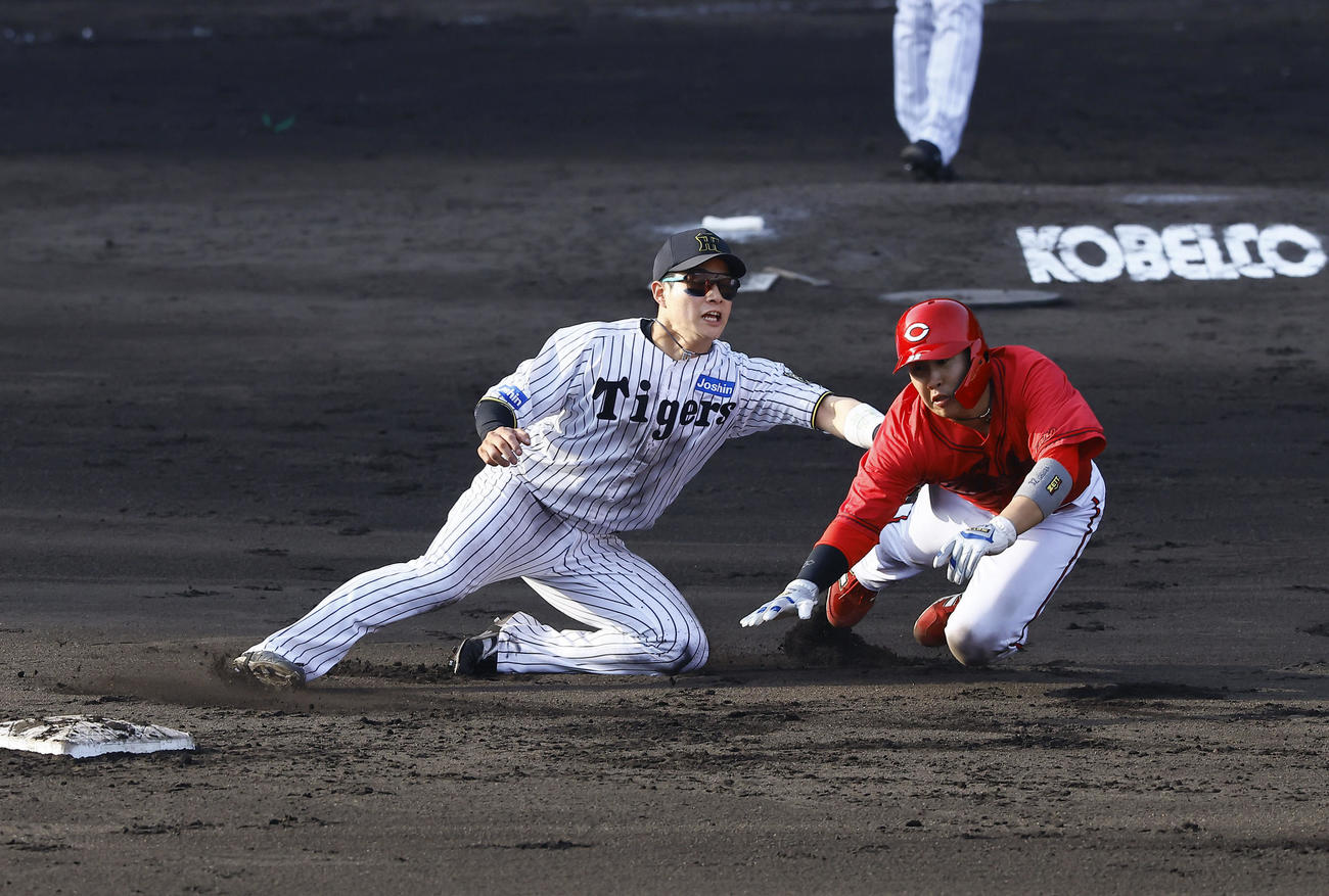 阪神対広島　9回表広島無死一、二塁、打者矢野のときけん制で二走石原をアウトにする。野手木浪（撮影・藤尾明華）