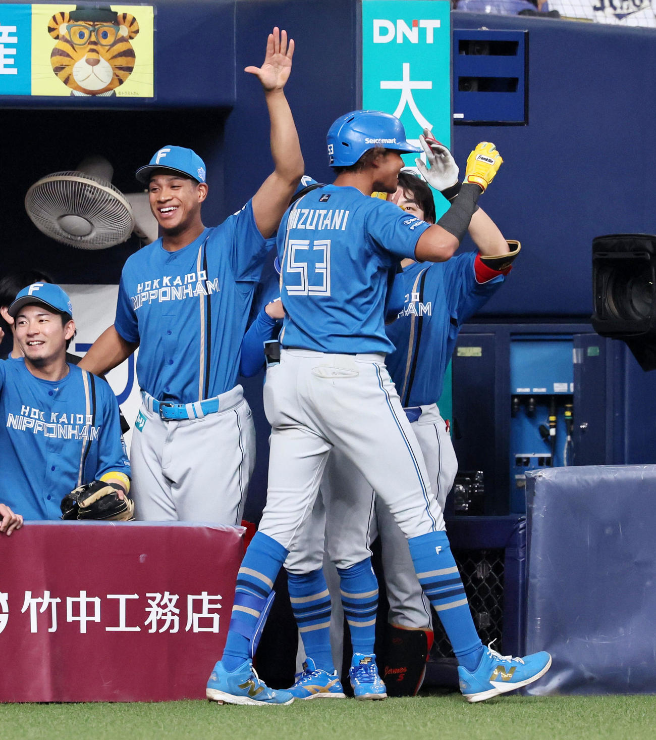 オリックス対日本ハム　8回表日本ハム2死一塁、左越え2点本塁打を放った水谷（右）をベンチで迎える万波（撮影・加藤哉）