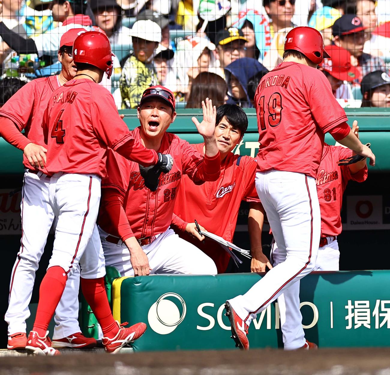 阪神対広島　2回表広島2死二、三塁、新井監督（中央）は羽月の適時打で生還した矢野（左）と床田を笑顔で出迎える（撮影・上田博志）