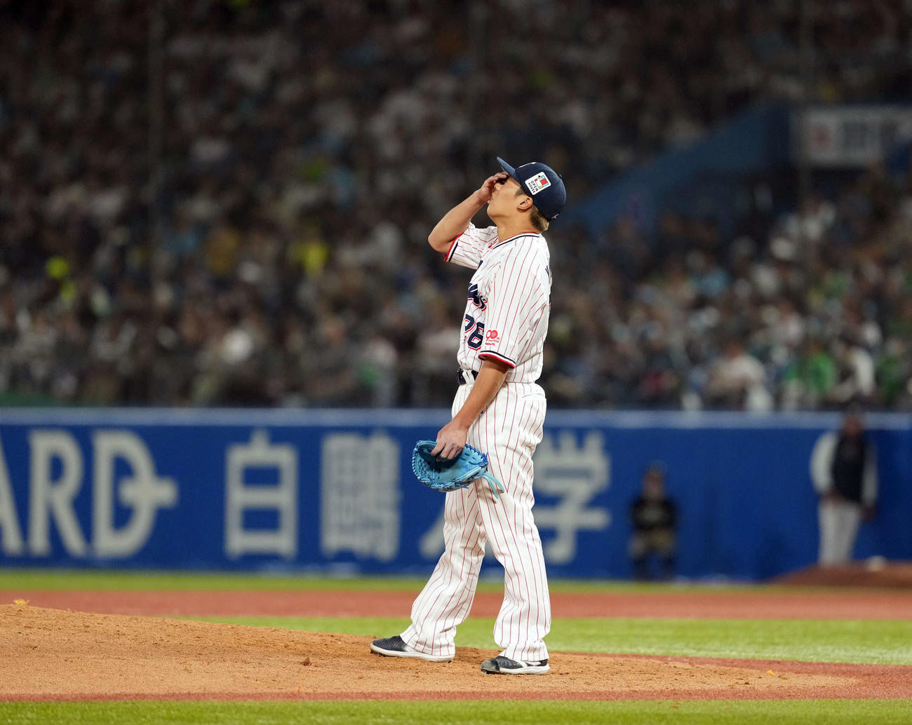 ヤクルト対巨人　6回表巨人2死一塁、岡本に2点本塁打を浴び顔を覆う山野（撮影・たえ見朱実）