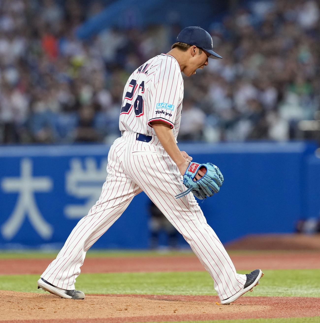 ヤクルト対巨人　1回表巨人2死一、三塁、12球粘った甲斐を空振り三振に仕留めほえるヤクルトの先発山野（撮影・たえ見朱実）