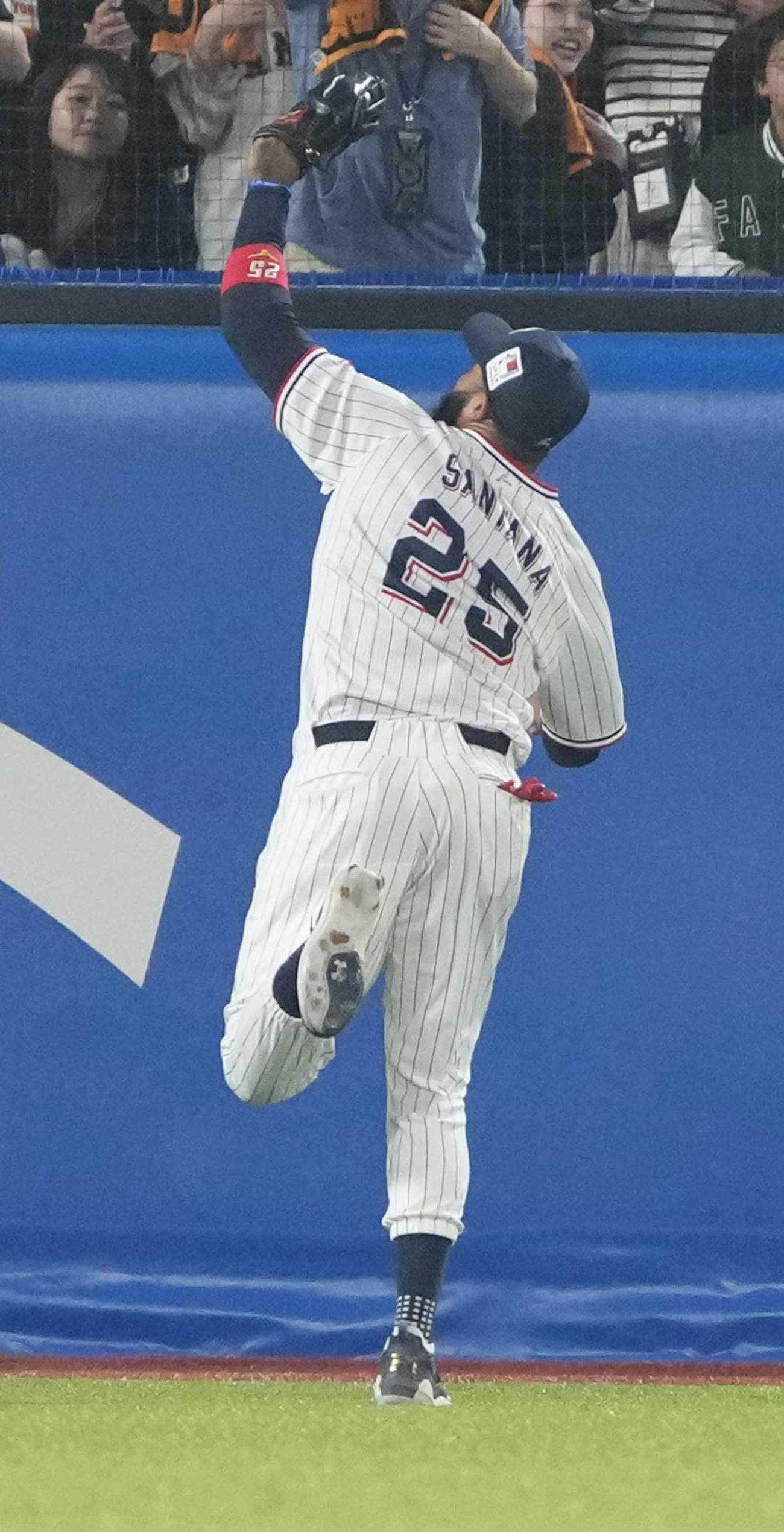 ヤクルト対巨人　7回表巨人2死一、二塁、ヤクルトのサンタナ左翼手は若林楽人の打球をいったんは好捕するもボールがグラブからこぼれ落ちる（撮影・小沢裕）