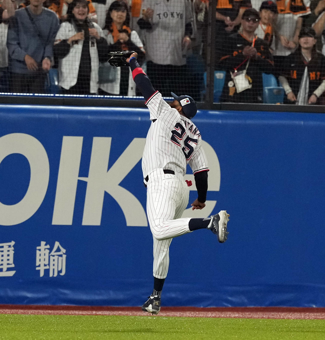 ヤクルト対巨人　7回表巨人2死一、二塁、若林の飛球を捕球する左翼手サンタナ（撮影・たえ見朱実）