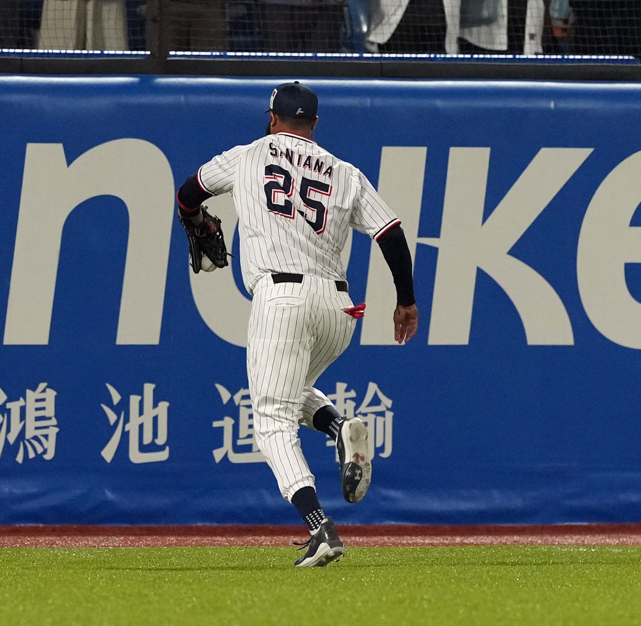 ヤクルト対巨人　7回表巨人2死一、二塁、若林の飛球を捕球する左翼手サンタナ（撮影・たえ見朱実）