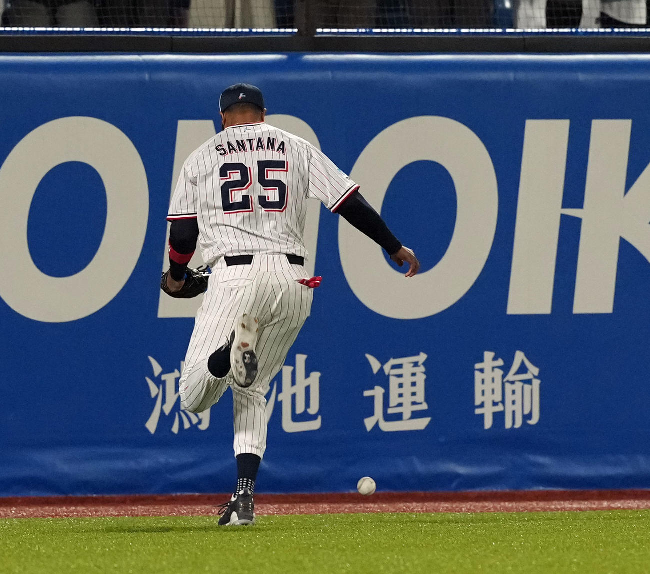 ヤクルト対巨人　7回表巨人2死一、二塁、若林の飛球を捕球するもグラブからこぼれ2点適時二塁打とする左翼手サンタナ（撮影・たえ見朱実）
