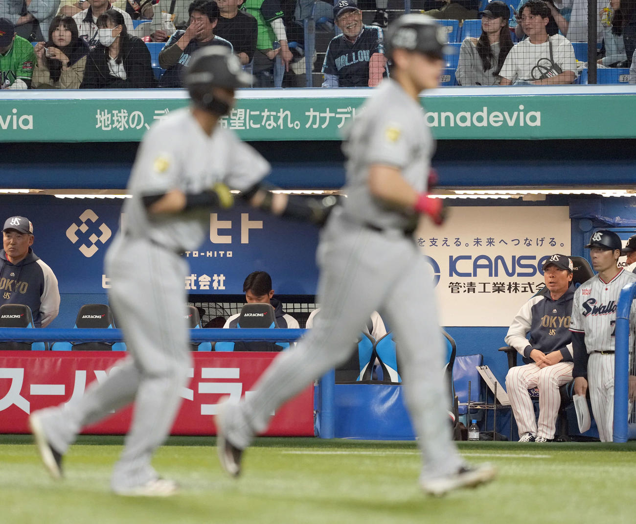 ヤクルト対巨人　6回表巨人2死一塁、岡本に2点本塁打を浴び厳しい表情を見せる高津監督（右から2人目）（撮影・たえ見朱実）