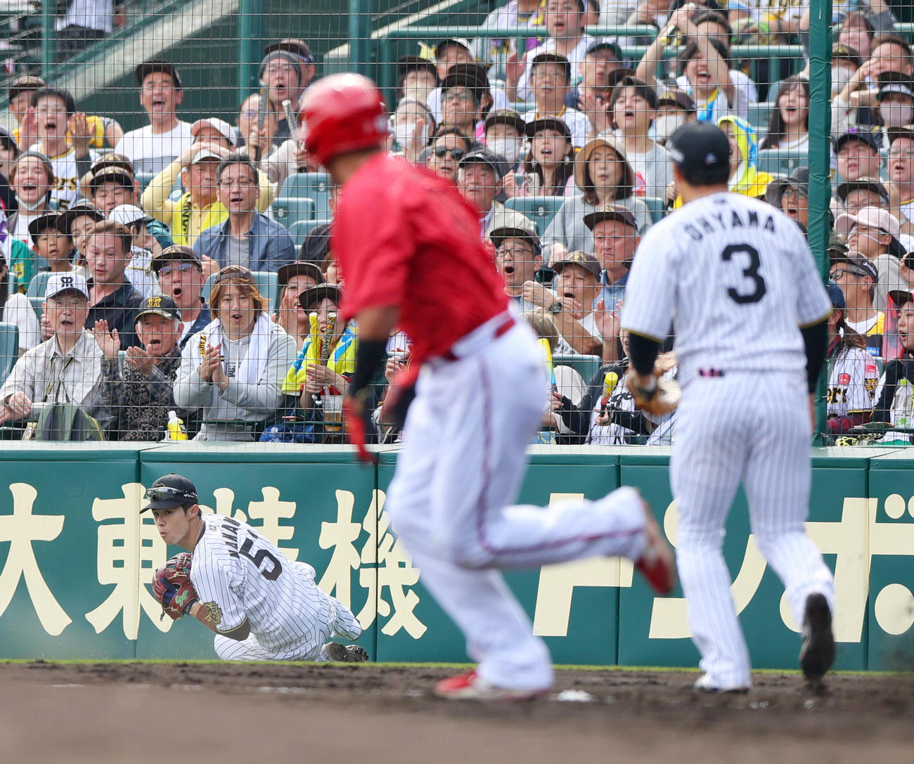 阪神対広島　4回表広島1死一塁、二塁手中野（左）はファビアンの邪飛を好捕する（撮影・上山淳一）