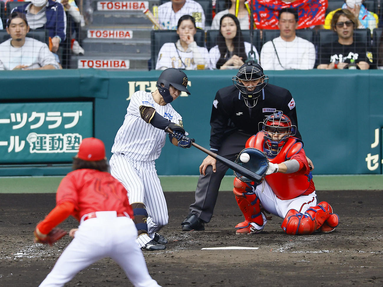 阪神対広島　5回裏阪神無死二塁、中野は中前打を放つ。投手鈴木（撮影・藤尾明華）