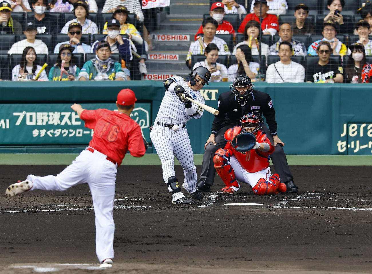 阪神対広島　2回裏阪神無死、前川は右前打を放つ。投手森（撮影・藤尾明華）