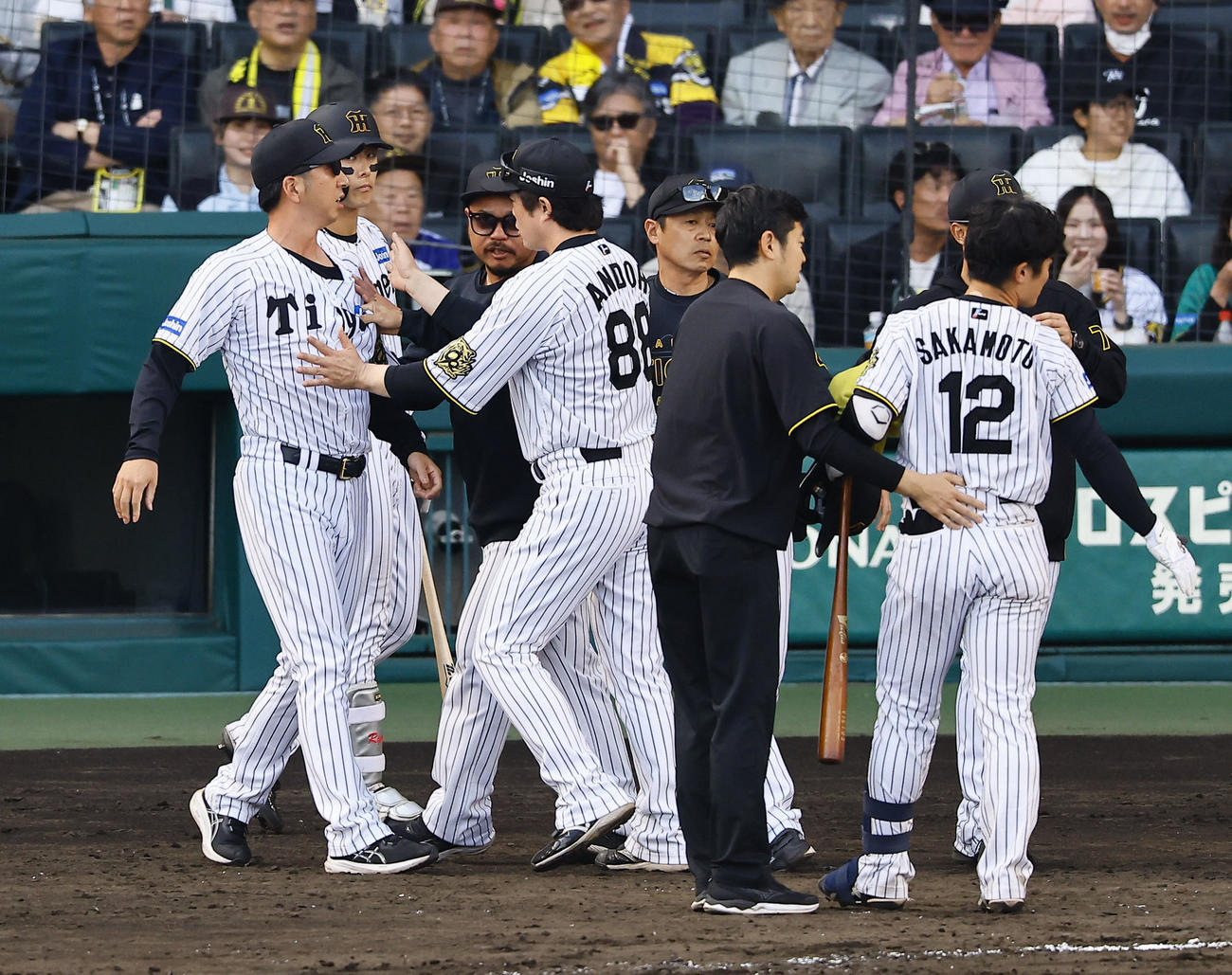 阪神対広島　8回裏阪神1死一、二塁、坂本（右）の頭部への死球でベンチを飛び出し止められる藤川監督（左端）（撮影・藤尾明華）