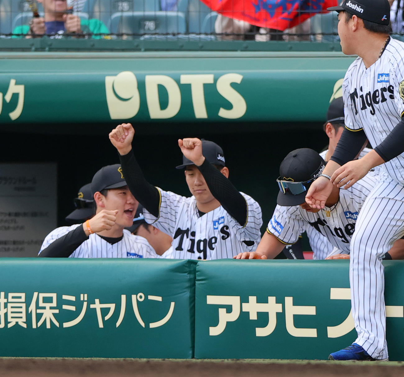 阪神対広島　広島に勝利した阪神伊原（左から2人目）は初先発で初勝利を上げベンチでガッツポーズする（撮影・上山淳一）