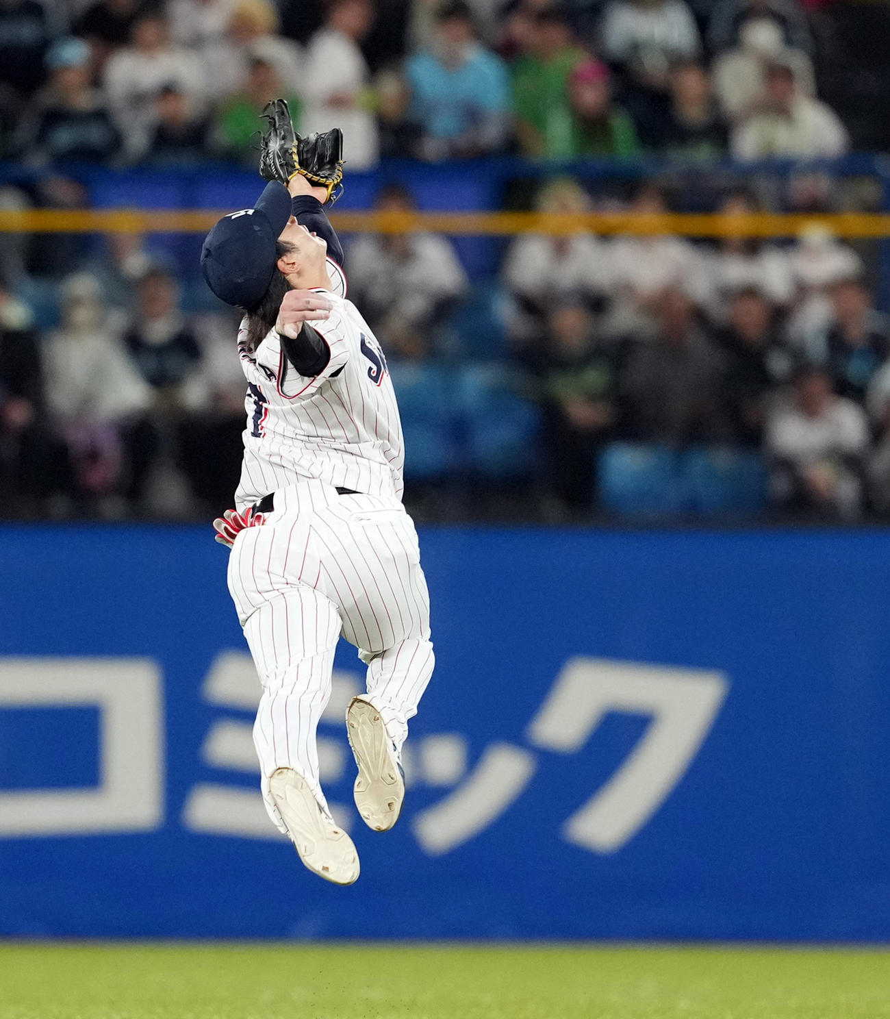 ヤクルト対巨人　8回表巨人1死、岡本の飛球をジャンピングキャッチする遊撃手長岡（撮影・たえ見朱実）