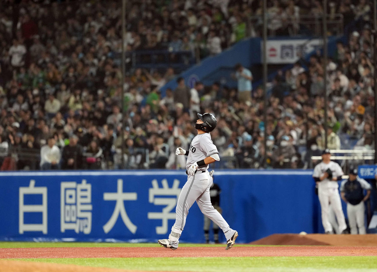 ヤクルト対巨人　6回表巨人2死一、二塁、左飛に倒れる笹原（撮影・たえ見朱実）