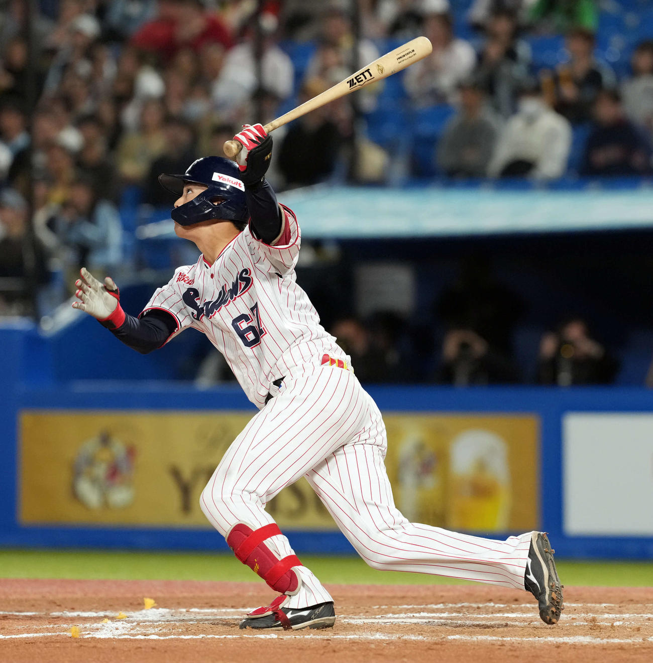 ヤクルト対巨人　10回裏ヤクルト2死二、三塁、サヨナラ打を放った伊藤（撮影・たえ見朱実）