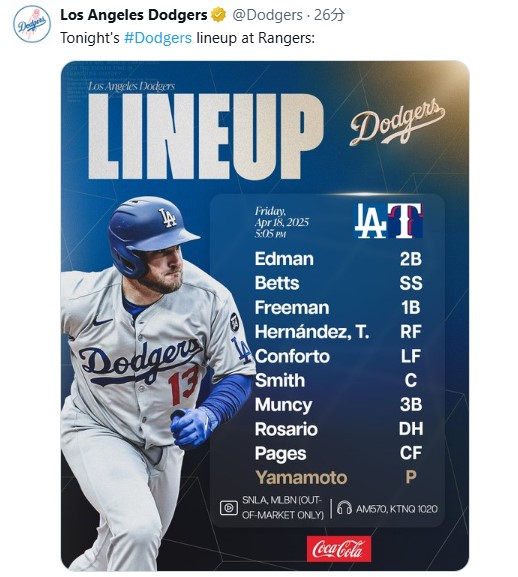 18日、大谷翔平が「父親リスト」入りし、スタメンの定位置にエドマンの名前が入った（ドジャースのXから）