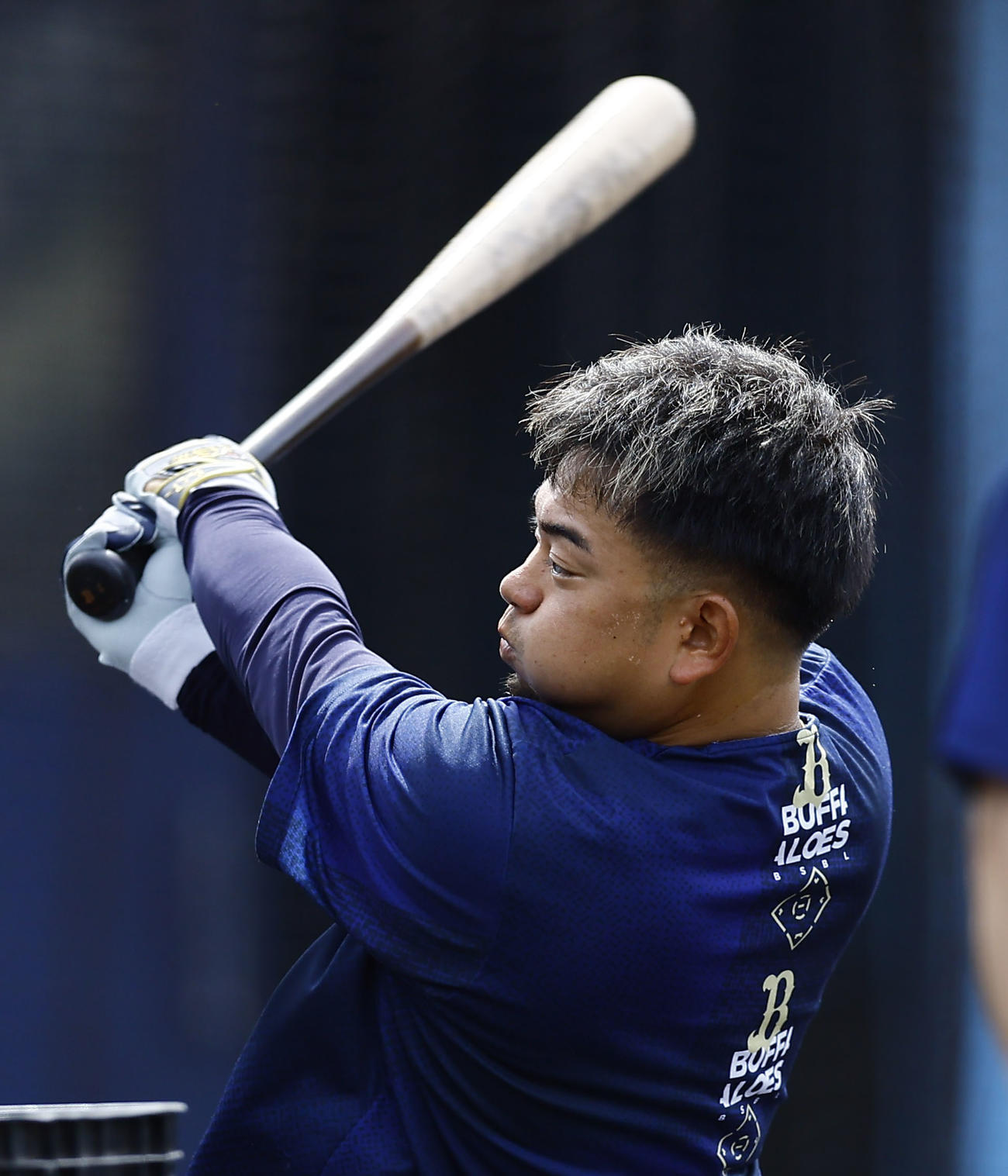 オリックス対阪神　打撃練習をするオリックス森（撮影・藤尾明華）