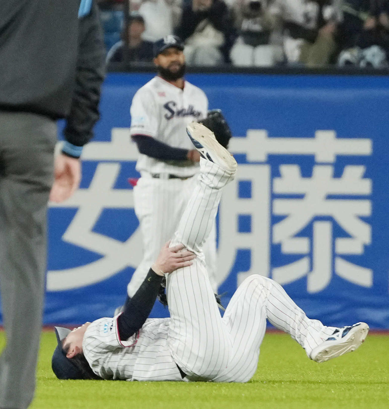 2025年4月20日　ヤクルト対巨人　8回表巨人1死、岡本和真の飛球を好捕したヤクルト長岡遊撃手はその場に倒れ込み右足を押さえる