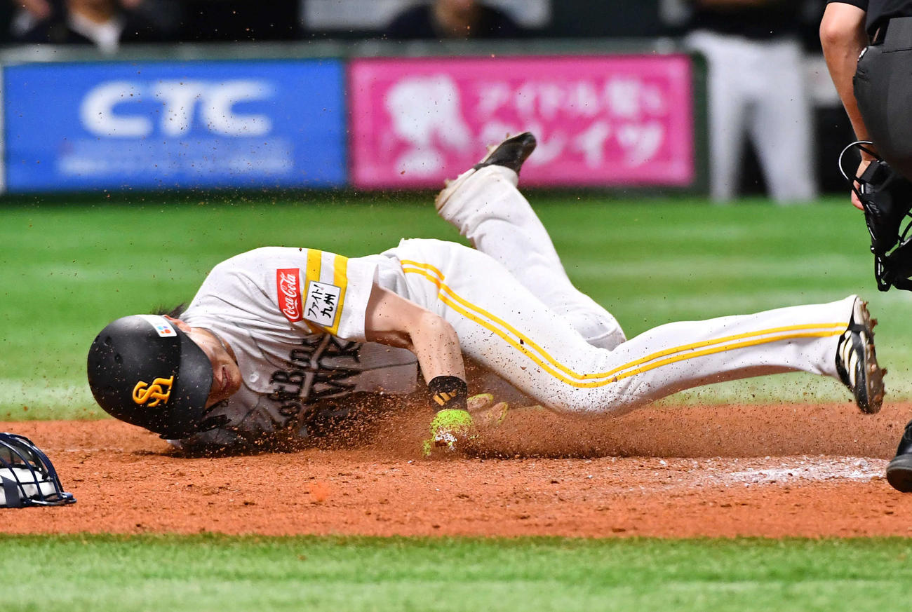 ソフトバンク対オリックス　7回裏ソフトバンク2死二塁、今宮の左前安打で生還を狙うも、左翼手・西川の好返球でアウトとなった周東（撮影・岩下翔太）