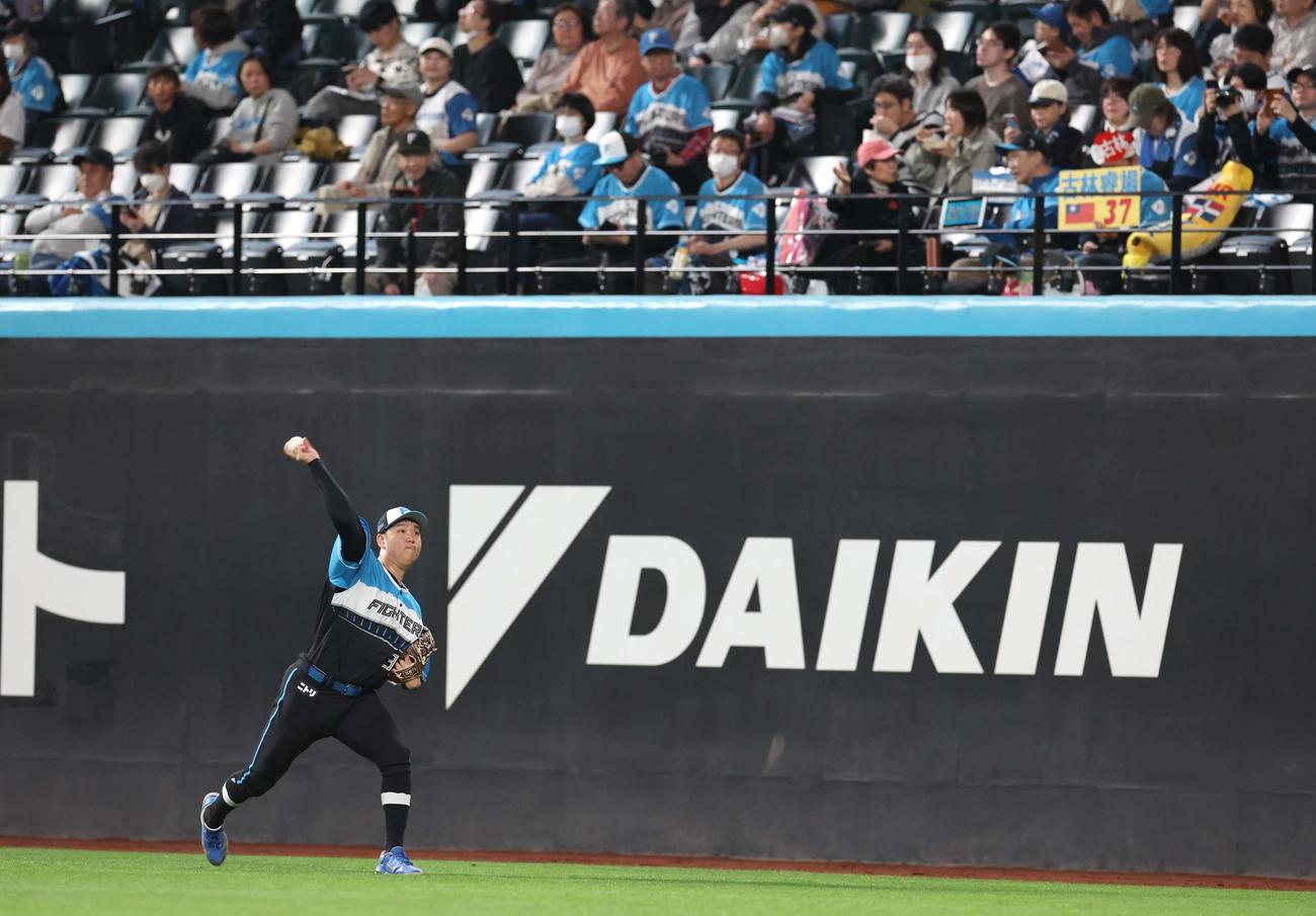 日本ハム対楽天　試合直前、投球練習する古林睿煬（撮影・黒川智章）