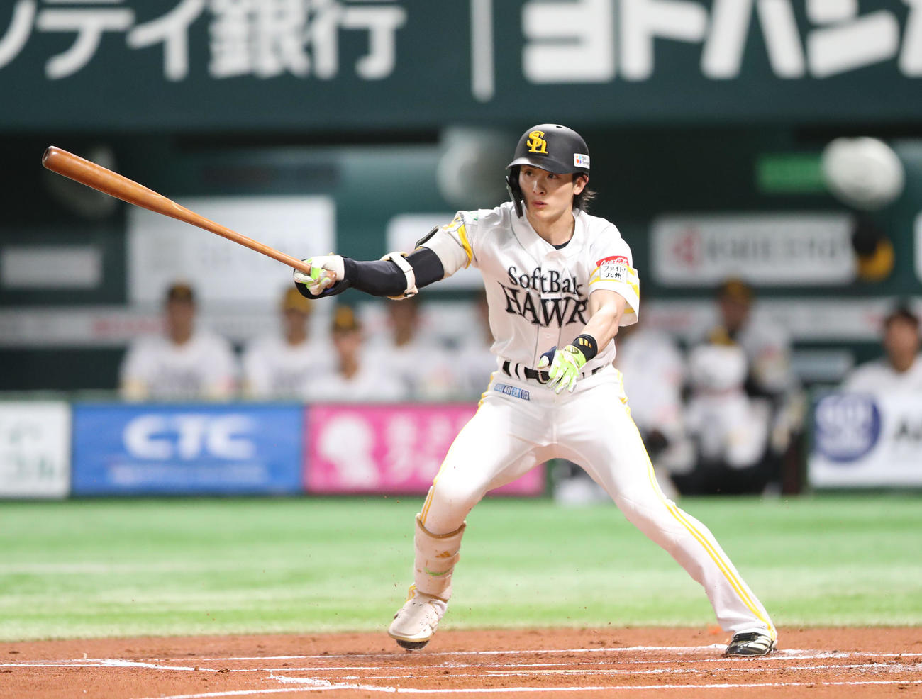 ソフトバンク対オリックス　1回裏ソフトバンク無死、周東は三内野安打を放つ（撮影・梅根麻紀）