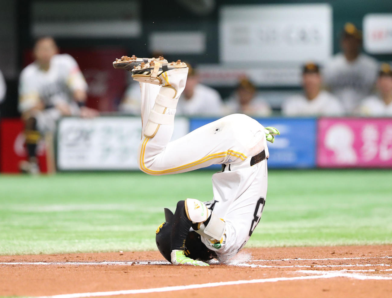 ソフトバンク対オリックス　6回裏ソフトバンク2死三塁、周東は右足に死球を受け痛さで転がる（撮影・梅根麻紀）