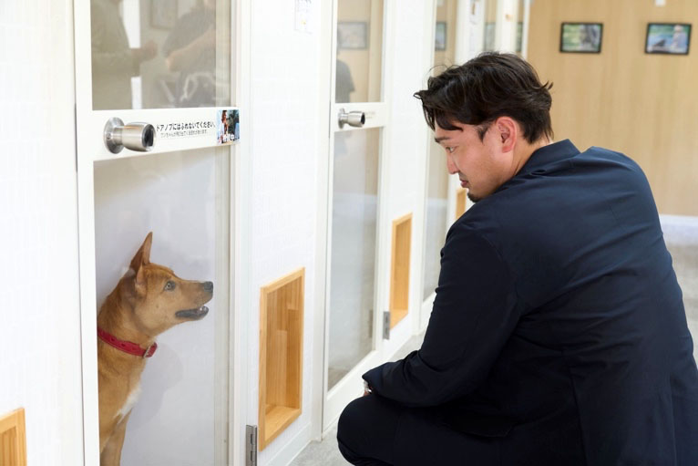 AWGsスペシャルアンバサダーとして高知県の複合施設「アシスト南国」に昨年オープンした保護犬・保護猫施設を視察する秋山拓巳氏（公益社団法人アニマル・ドネーション提供）