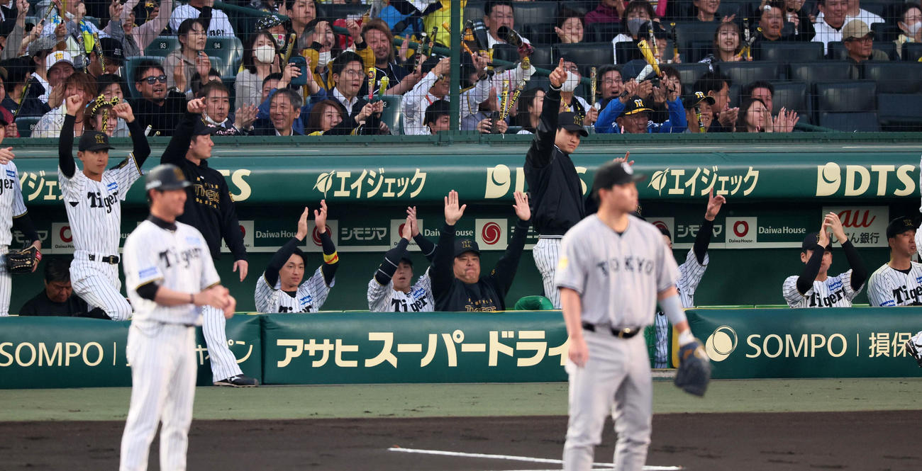 阪神対巨人　1回裏阪神2死一、三塁、大山の右前適時打に笑顔を見せるベンチのナイン（撮影・加藤哉）