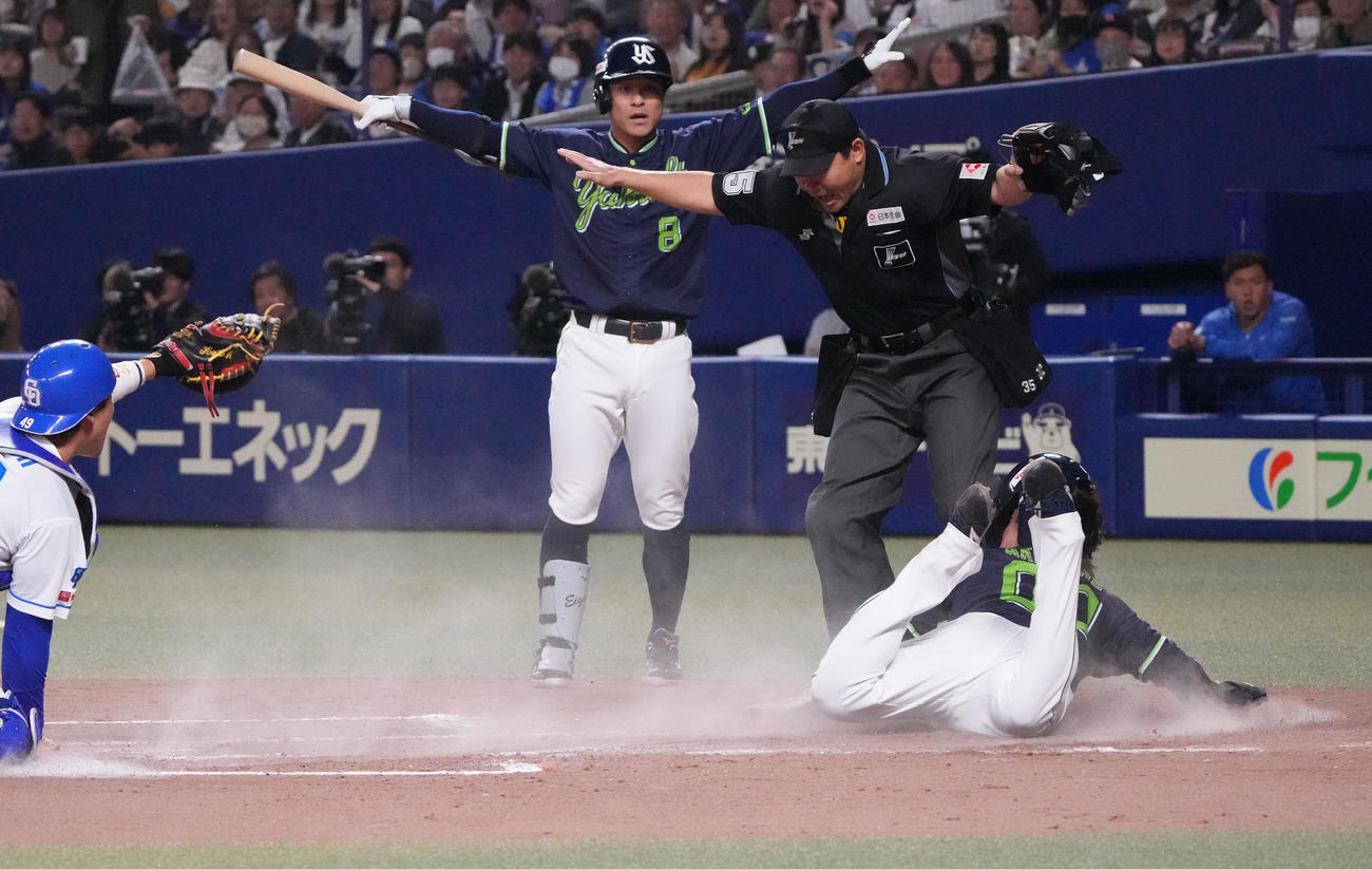中日対ヤクルト　3回表ヤクルト2死一、三塁、重盗の間に生還し市川主審に激突する赤羽（右）捕手は加藤匠（撮影・森本幸一）
