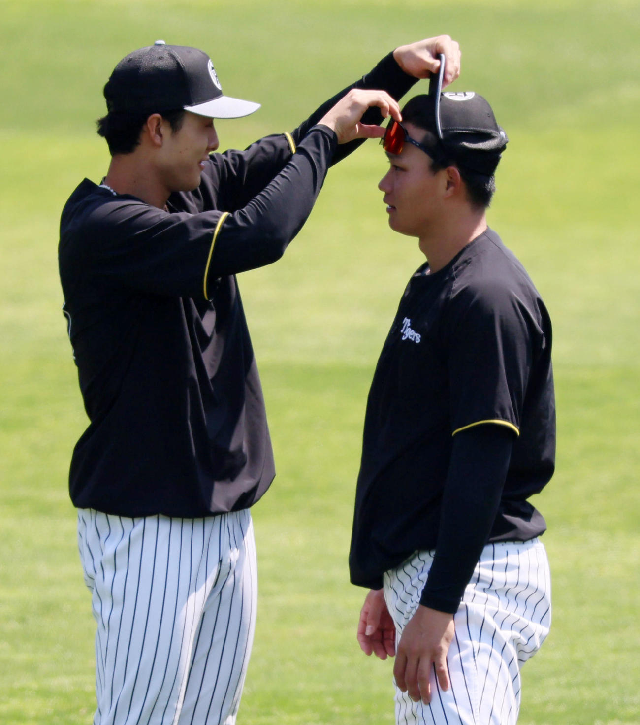 阪神対巨人　森下（右）のサングラスを触る小幡（撮影・加藤哉）