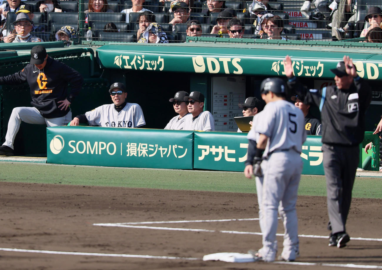 阪神対巨人　5回表巨人2死二塁、泉口の左前打で二塁走者門脇が三塁で止まりベンチで声を出す阿部監督（左から2人目）（撮影・加藤哉）