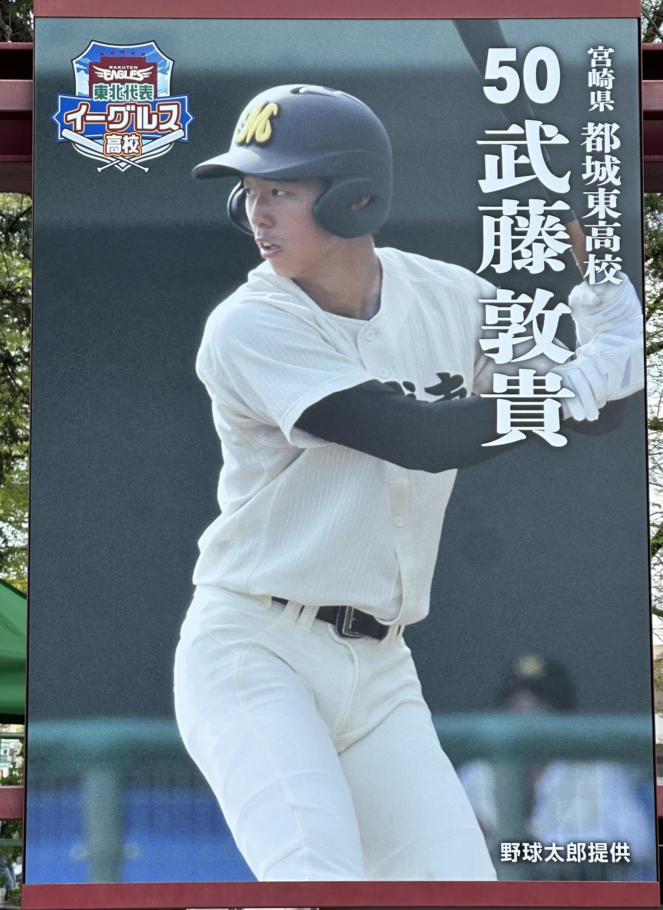 楽天対ソフトバンク　球場の門を入ると、楽天の選手の高校時代の写真パネルが飾られていた(撮影・浅見桂子)