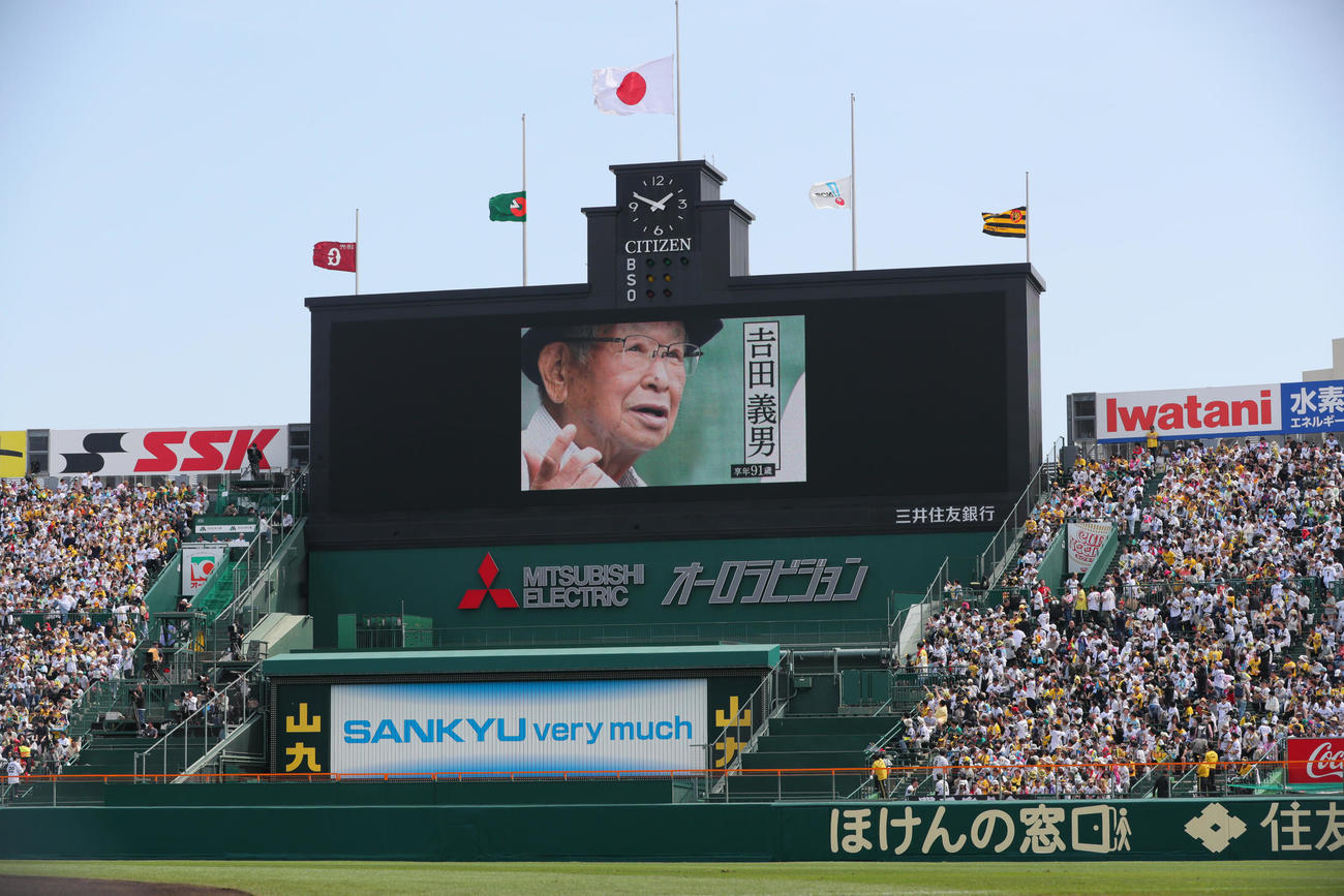 阪神対巨人　吉田義男さん追悼映像が流れる甲子園球場（撮影・上山淳一）
