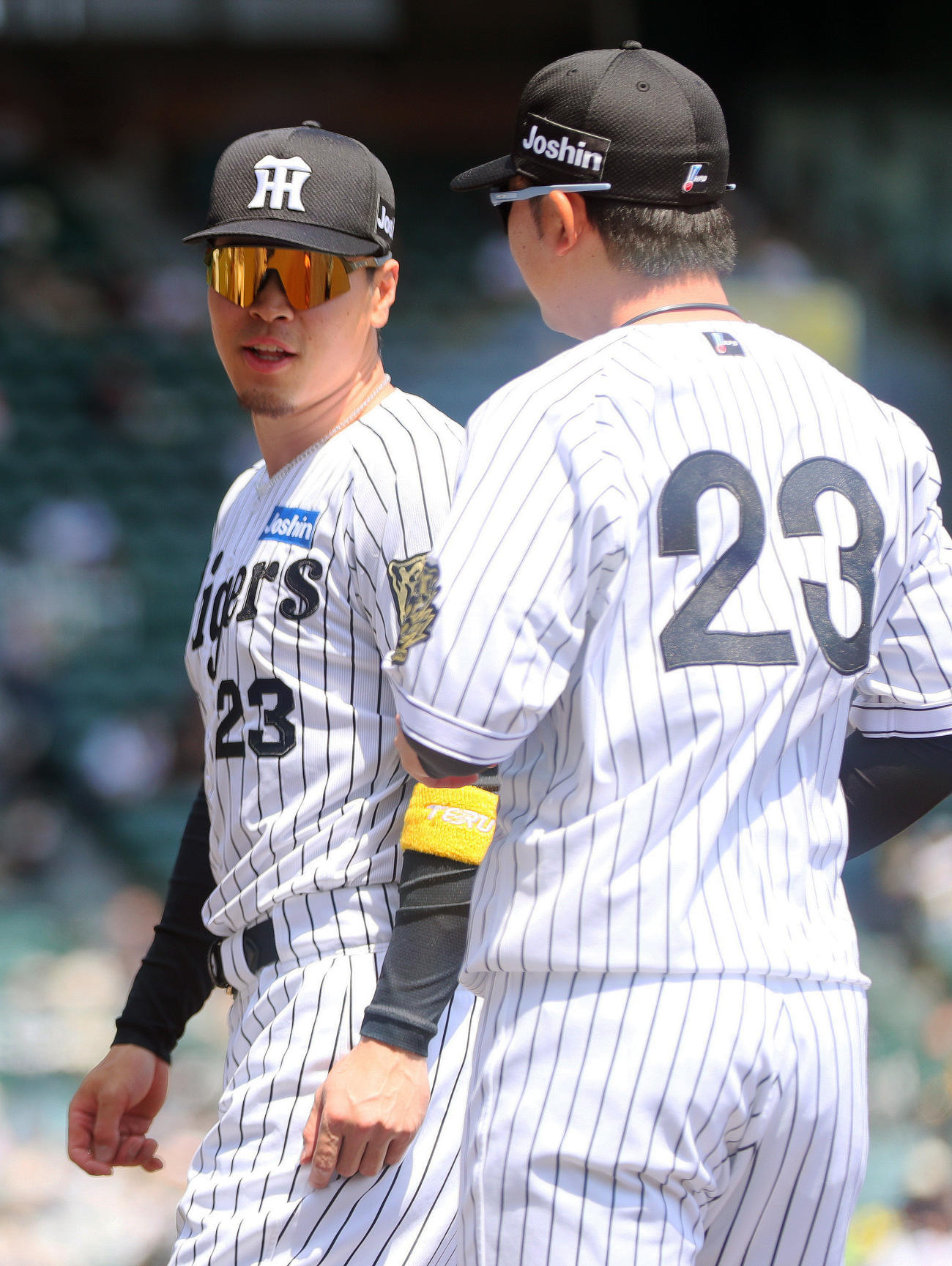 阪神対巨人　吉田義男さん追悼試合で背番号「23」の特別ユニホームを着用する阪神佐藤輝ら（撮影・上山淳一）