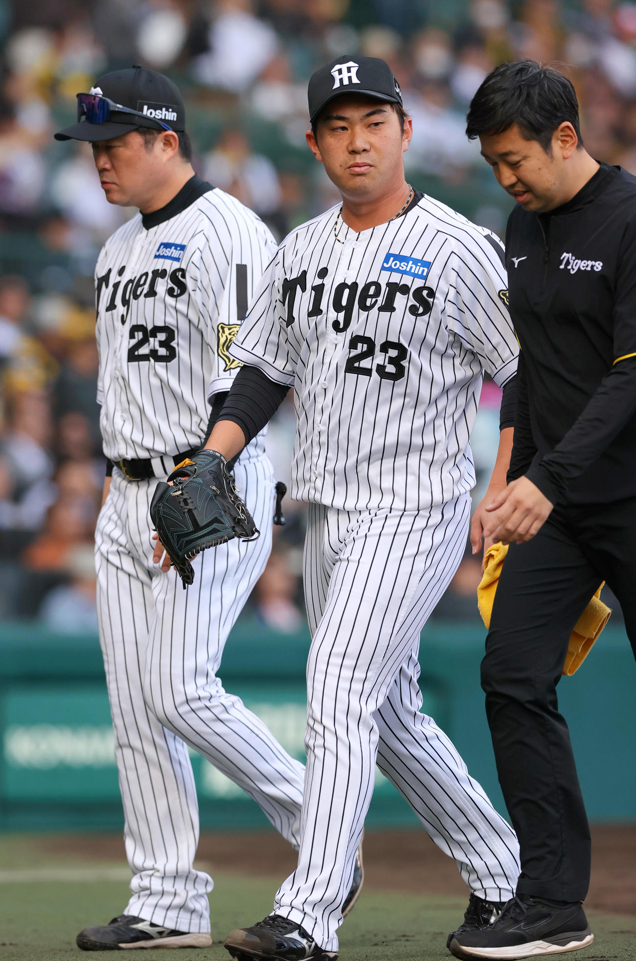 阪神対巨人　8回表巨人無死一塁、桐敷（中央）は吉川の二ゴロで折れたバットが当たり手当に向かう（撮影・上山淳一）