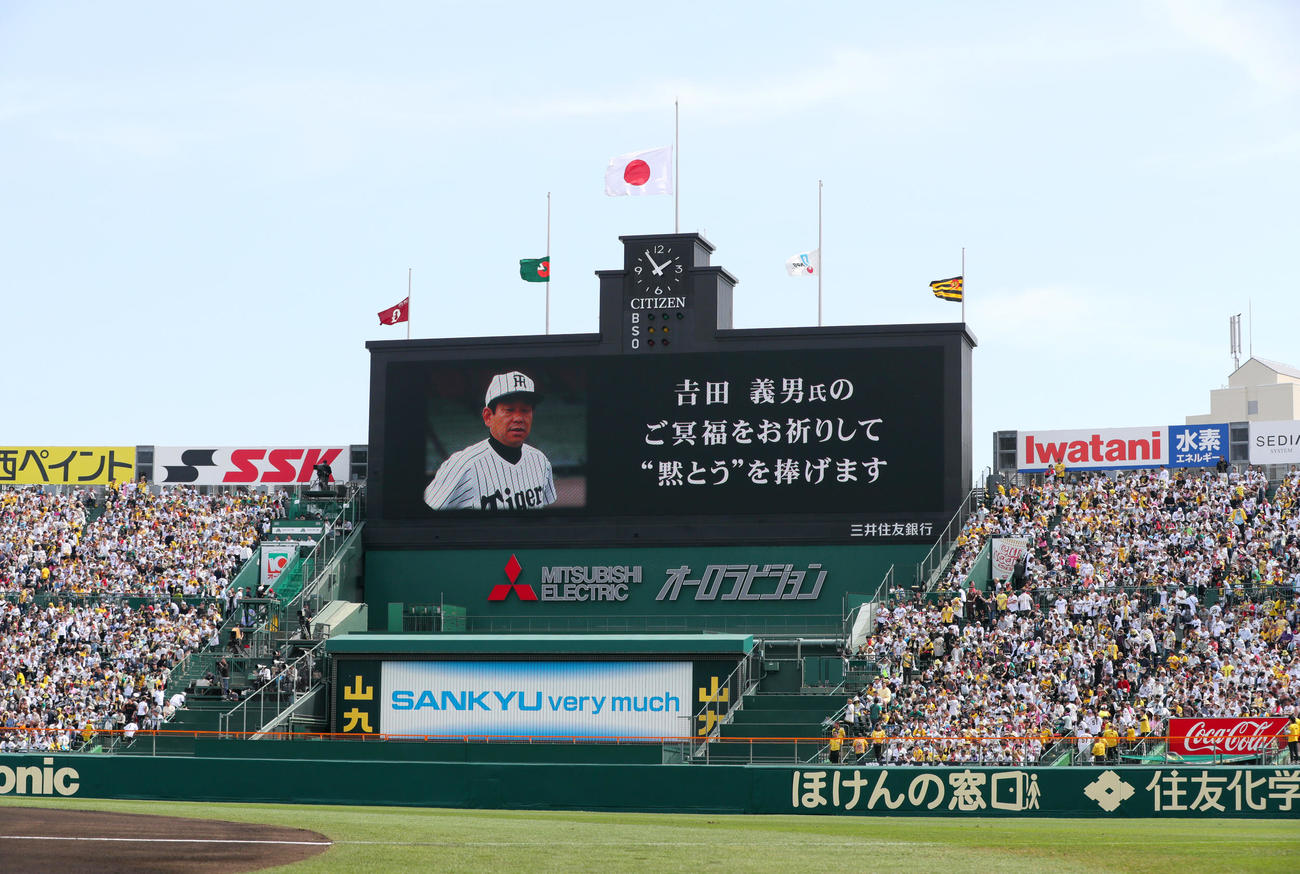 阪神対巨人　吉田義男さん追悼映像が流れる甲子園球場（撮影・上山淳一）