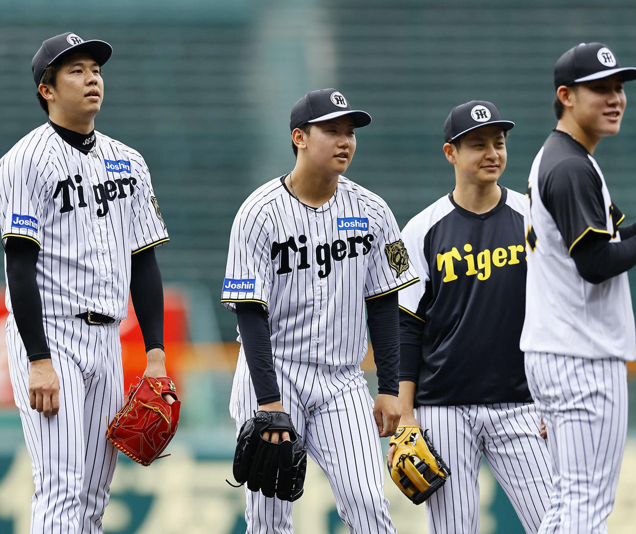 ノックを受ける左から阪神才木、門別、大竹、富田（撮影・藤尾明華）