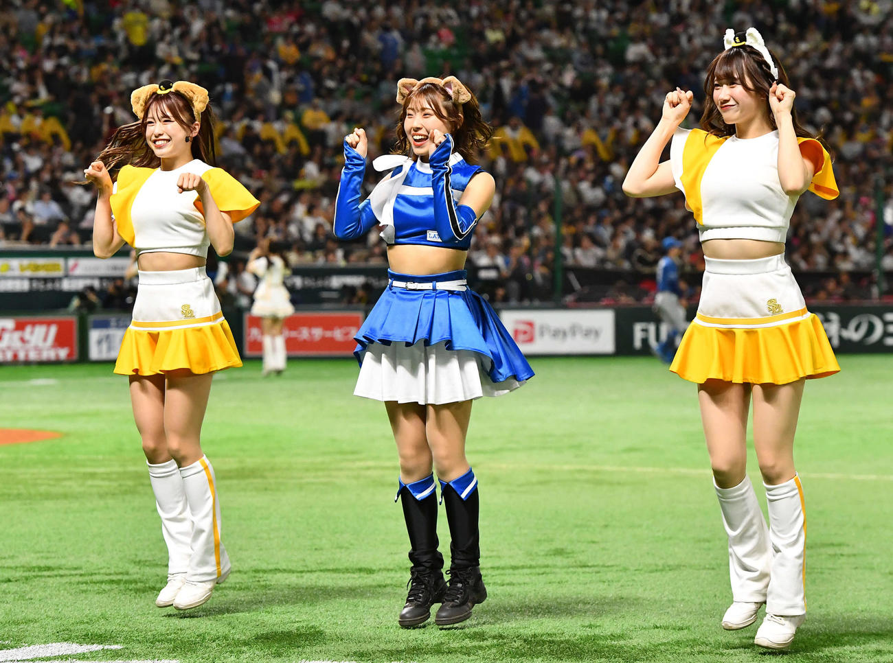 ソフトバンク対日本ハム　4回表終了後、わんわんダンスでファイターズガールとコラボするハニーズ（撮影・岩下翔太）