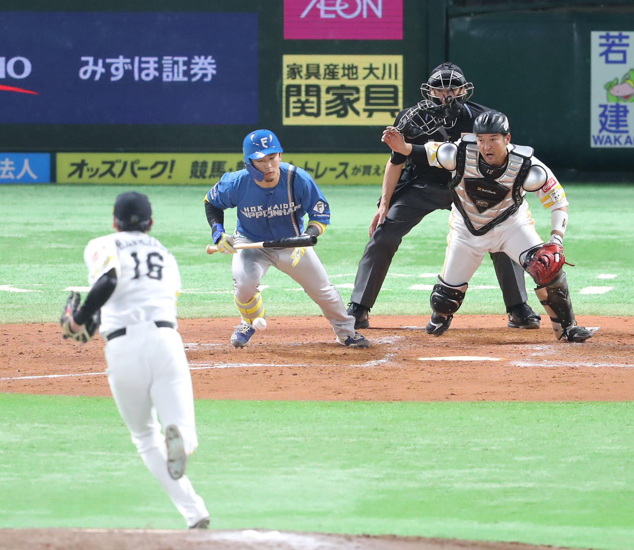 ソフトバンク対日本ハム　4回表日本ハム1死一、三塁、水野はセーフティースクイズ成功（撮影・梅根麻紀）