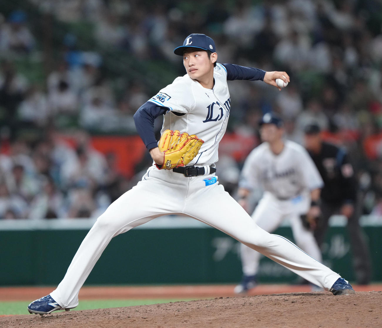 西武対楽天　10回から登板し、勝利を挙げた西武羽田（撮影・足立雅史）