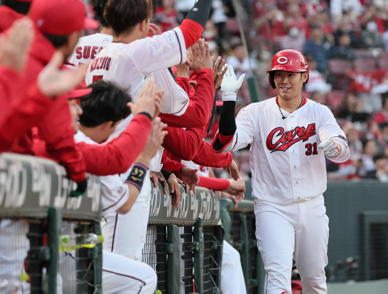 広島対新中日　2回裏広島1死、先制右越え本塁打を放ちチームメイトに迎えられる坂倉（撮影・加藤孝規）