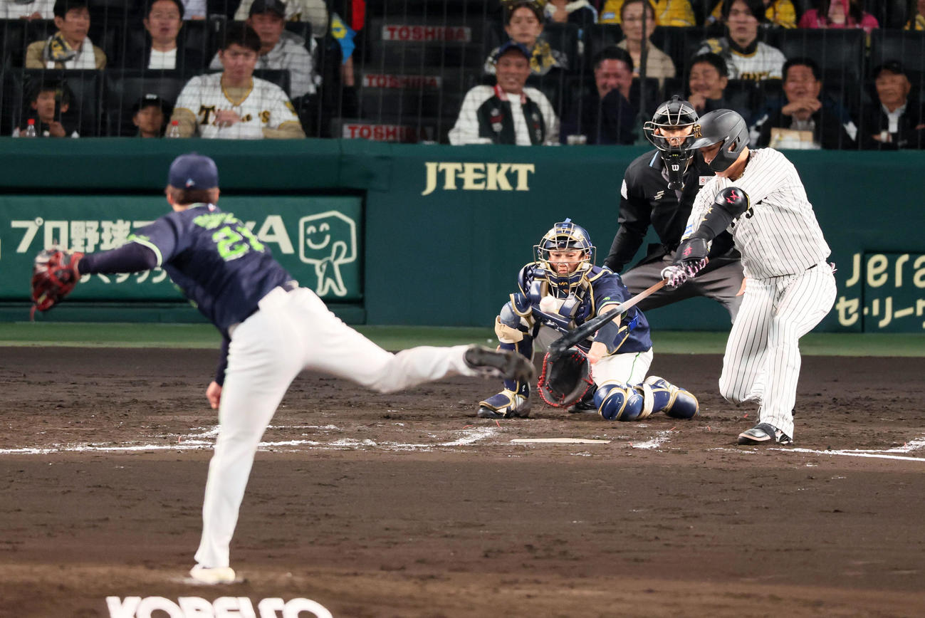 阪神対ヤクルト　6回裏阪神1死一、三塁、大山は中前適時打を放つ。投手吉村（撮影・加藤哉）