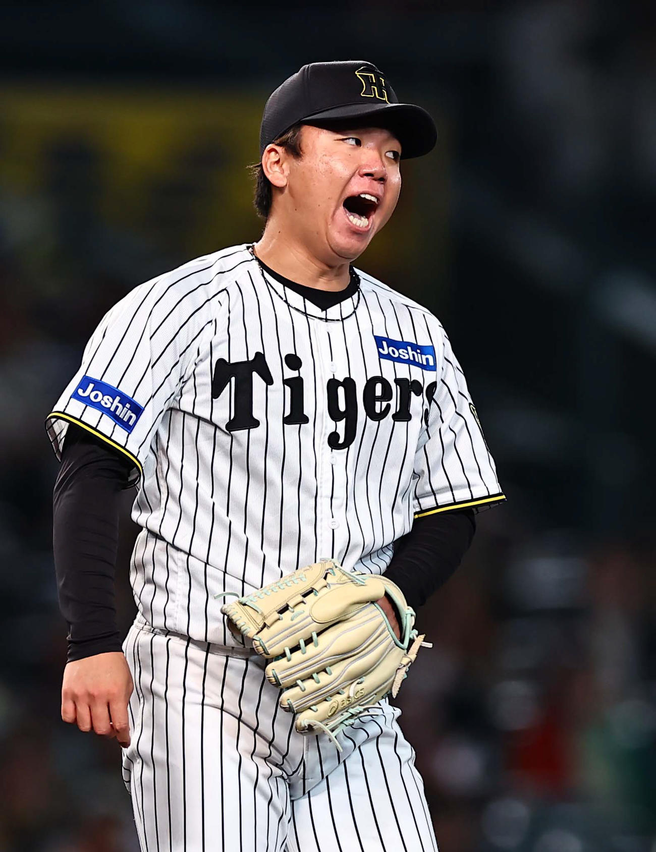阪神対ヤクルト　7回表ヤクルト無死、オスナを右飛に打ち取り雄たけびをあげる村上（撮影・上田博志）