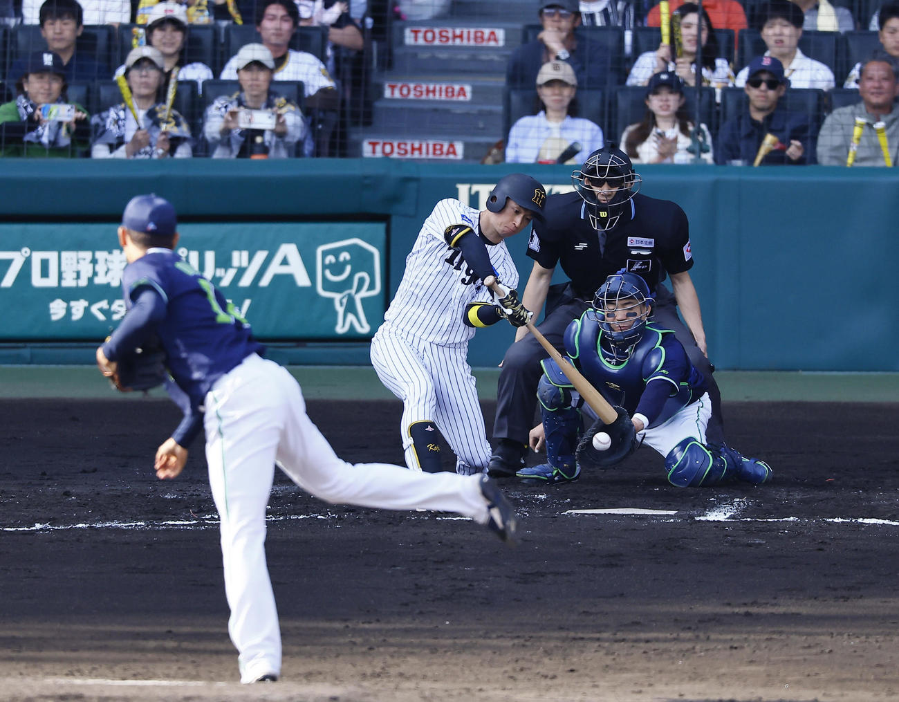 阪神対ヤクルト　6回裏阪神1死一、三塁、近本は四球を選ぶ。投手奥川（撮影・藤尾明華）