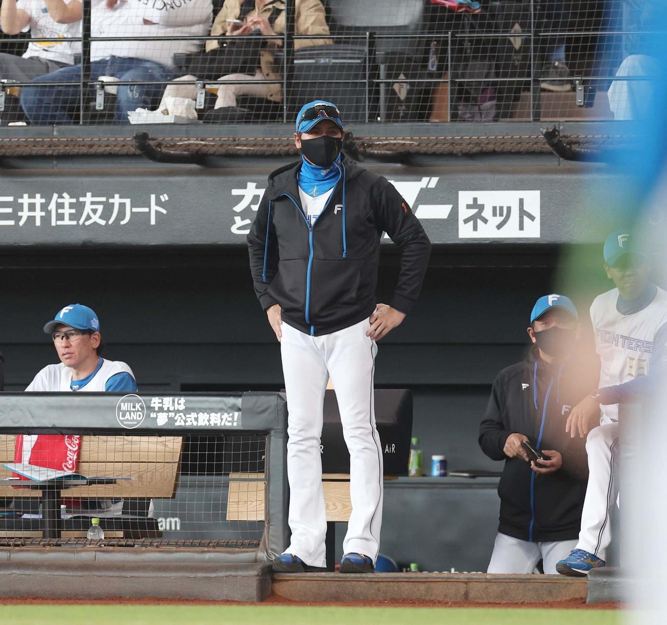 日本ハム対西武　2回裏日本ハム1死一塁、有薗の打席をベンチ前に立って見守る新庄監督（撮影・黒川智章）