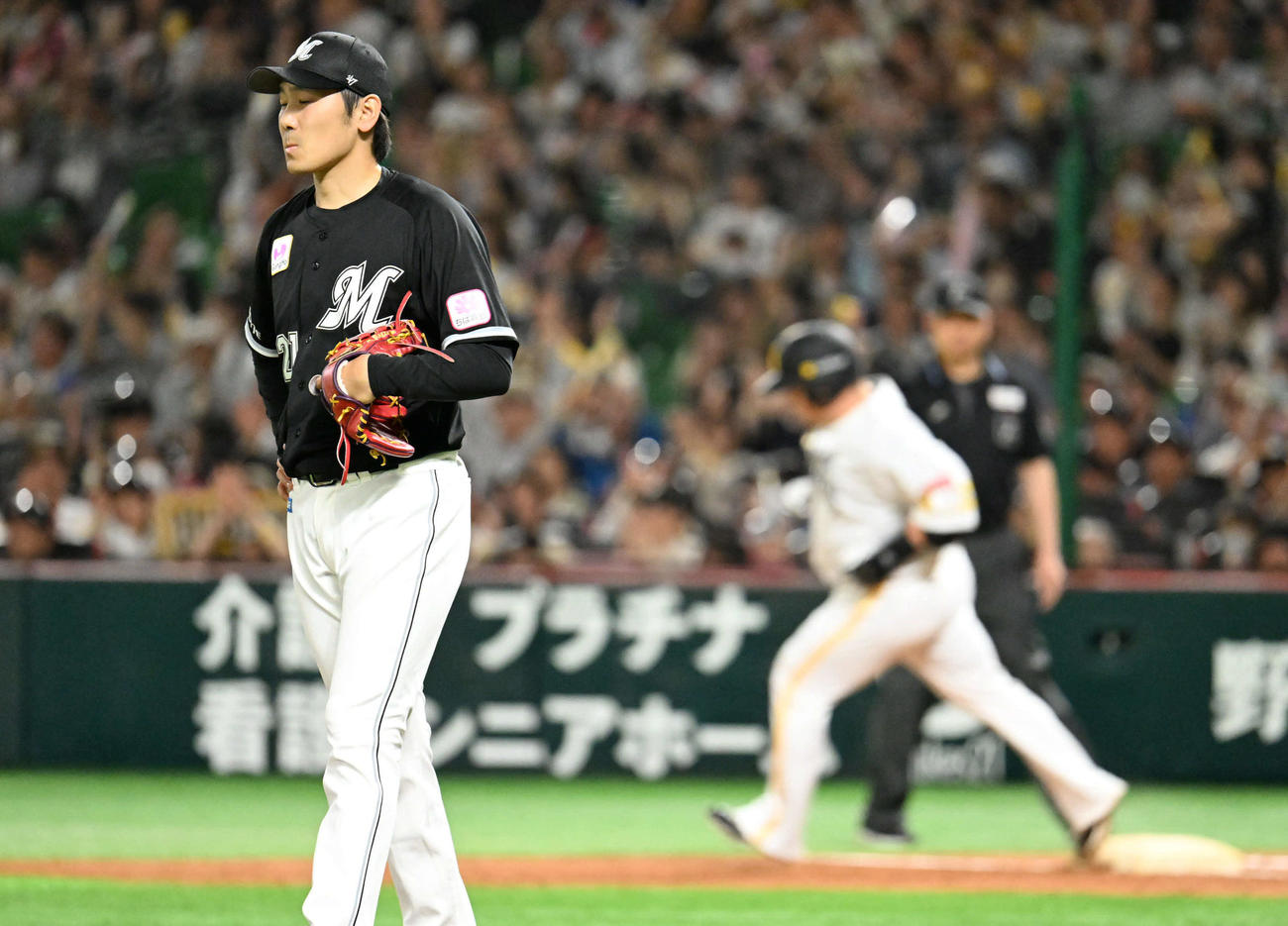 ソフトバンク対ロッテ　4回裏ソフトバンク1死、石川柊（左）は山川に先制本塁打を許す（撮影・林敢治）