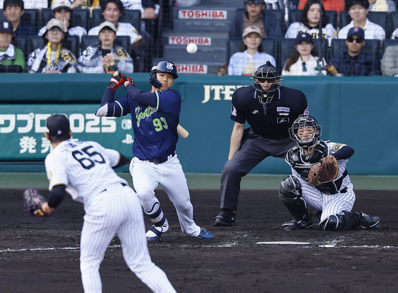 阪神対ヤクルト　7回表ヤクルト2死、橋本は中前にプロ初安打を放つ。投手湯浅（撮影・藤尾明華）