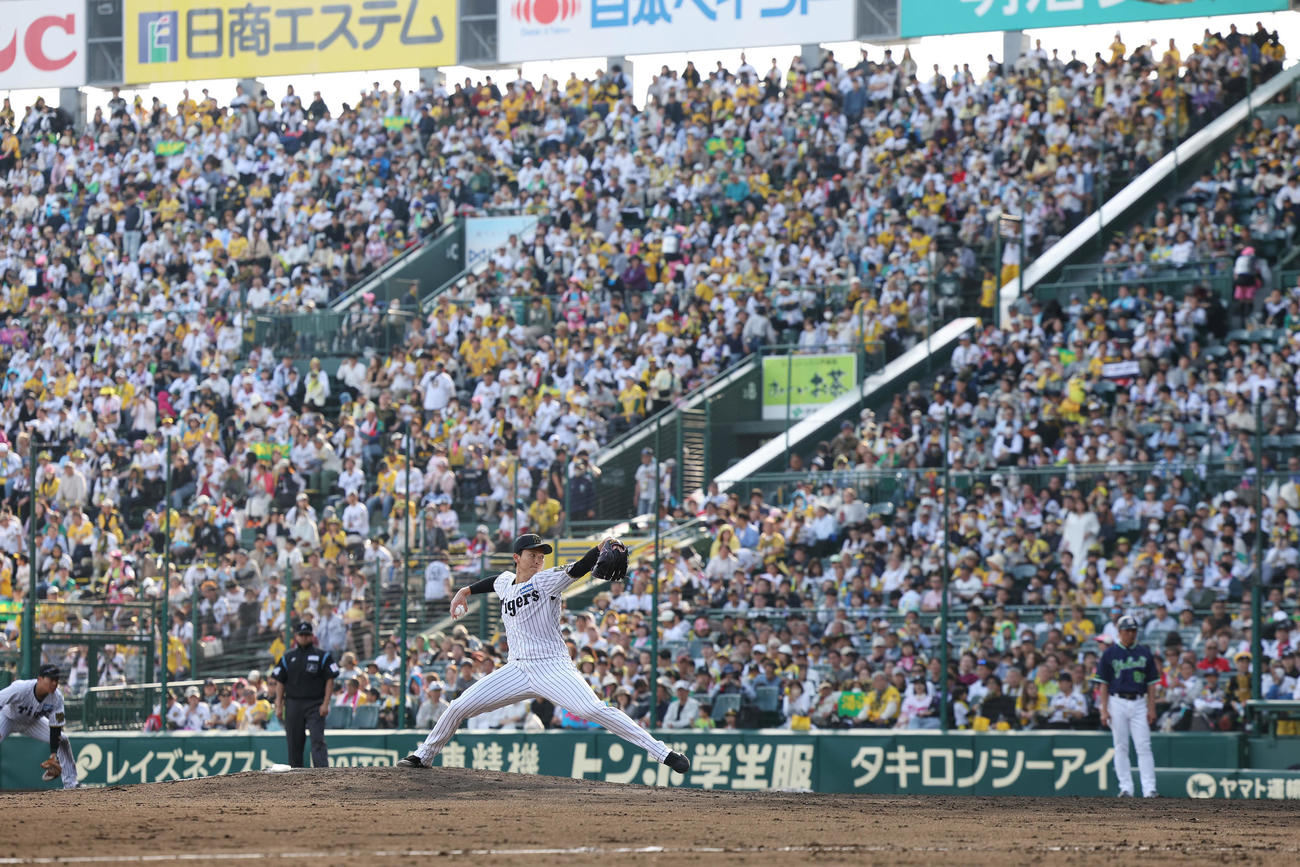 阪神対ヤクルト　力投する阪神2番手の湯浅（撮影・前田充）