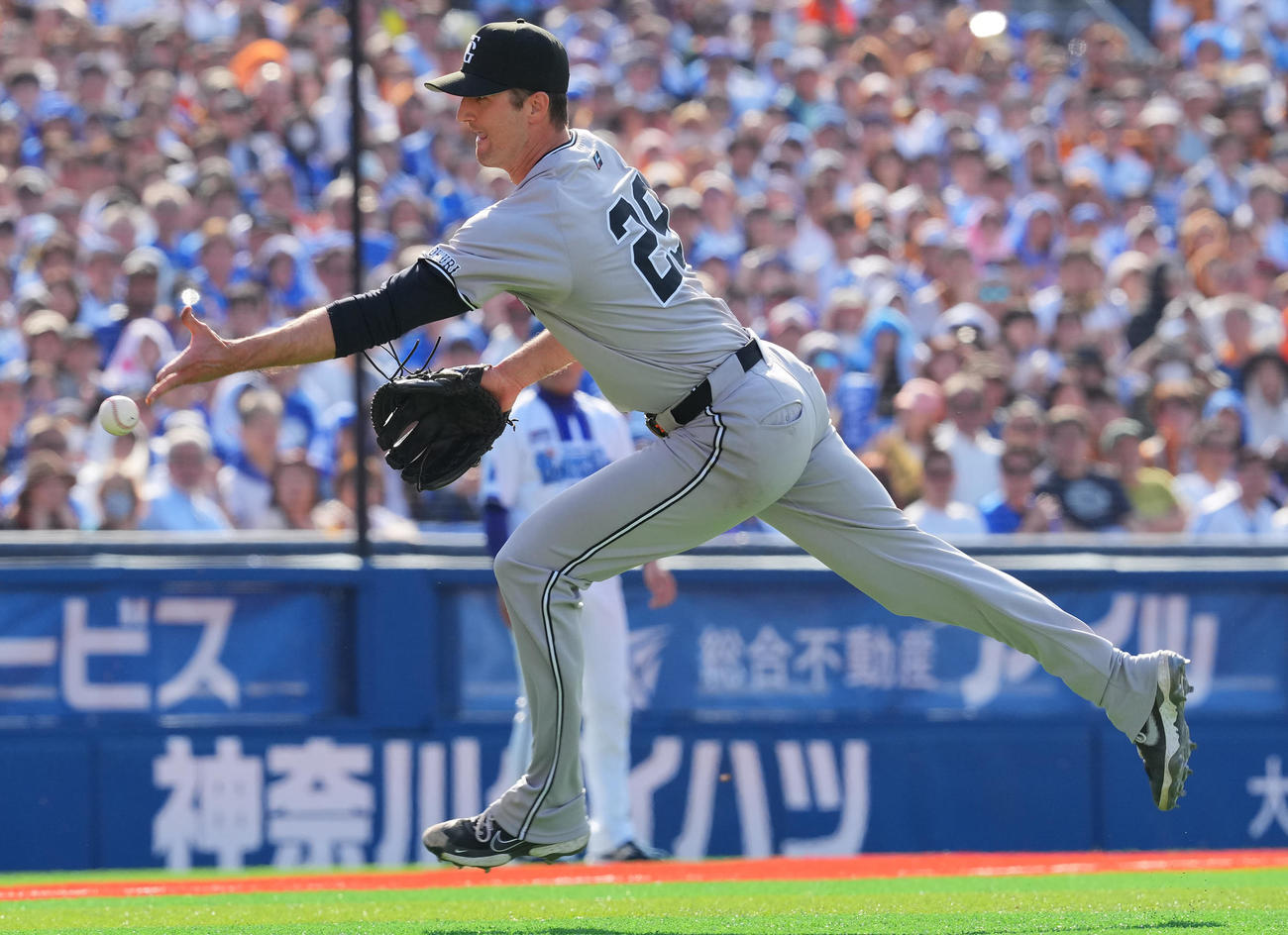 DeNA対巨人　5回裏DeNA1死三塁、石上のボテボテの投ゴロを本塁へトスするグリフィン（撮影・垰建太）